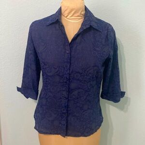 Como navy blue sheer paisley floral print 3/4 sleeves size Small